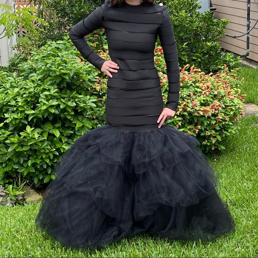 Sheer Panel Tulle Bottom Fitted Long Sleeve Dress Gothic